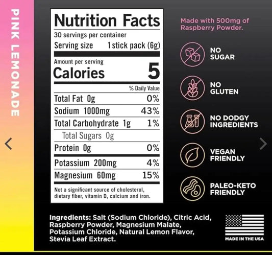 LMNT Zero Sugar Electrolytes - Lemonade Pink Salt Drink Mix | 30 Count